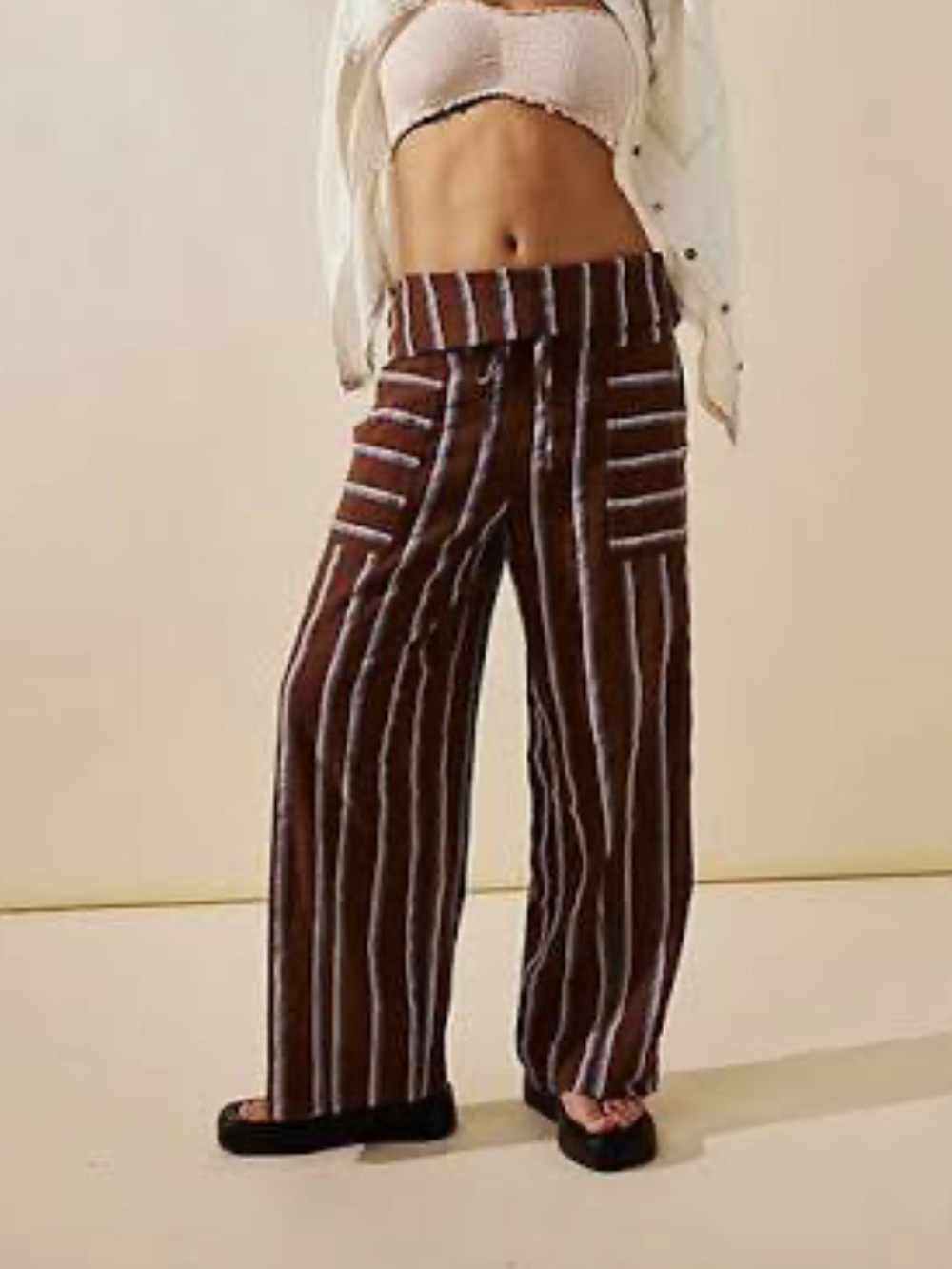 Free People Brown and White Striped Wide-Leg Pants